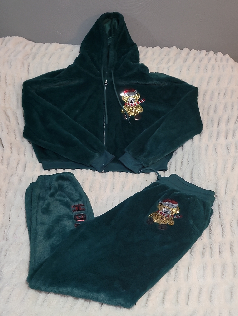 SUPER SOFT Womens Plush Hooded Pajama Set in Deep Teal with Holiday Embroidery